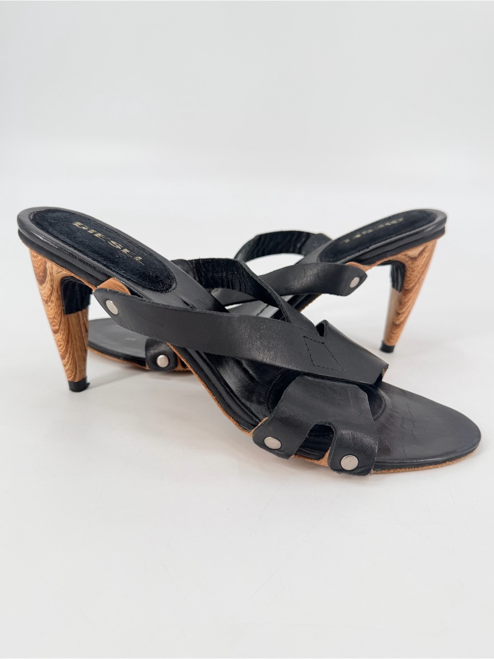 Vintage Y2K Diesel Black Leather Heel Sandals Us 7 EU 37